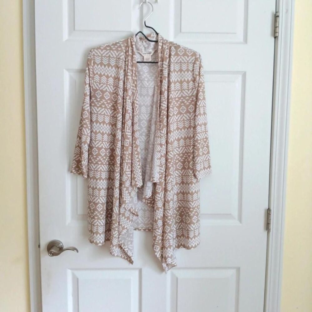 Tantrums Boho Geometric Open Front Waterfall Draped Cardigan Tan White L